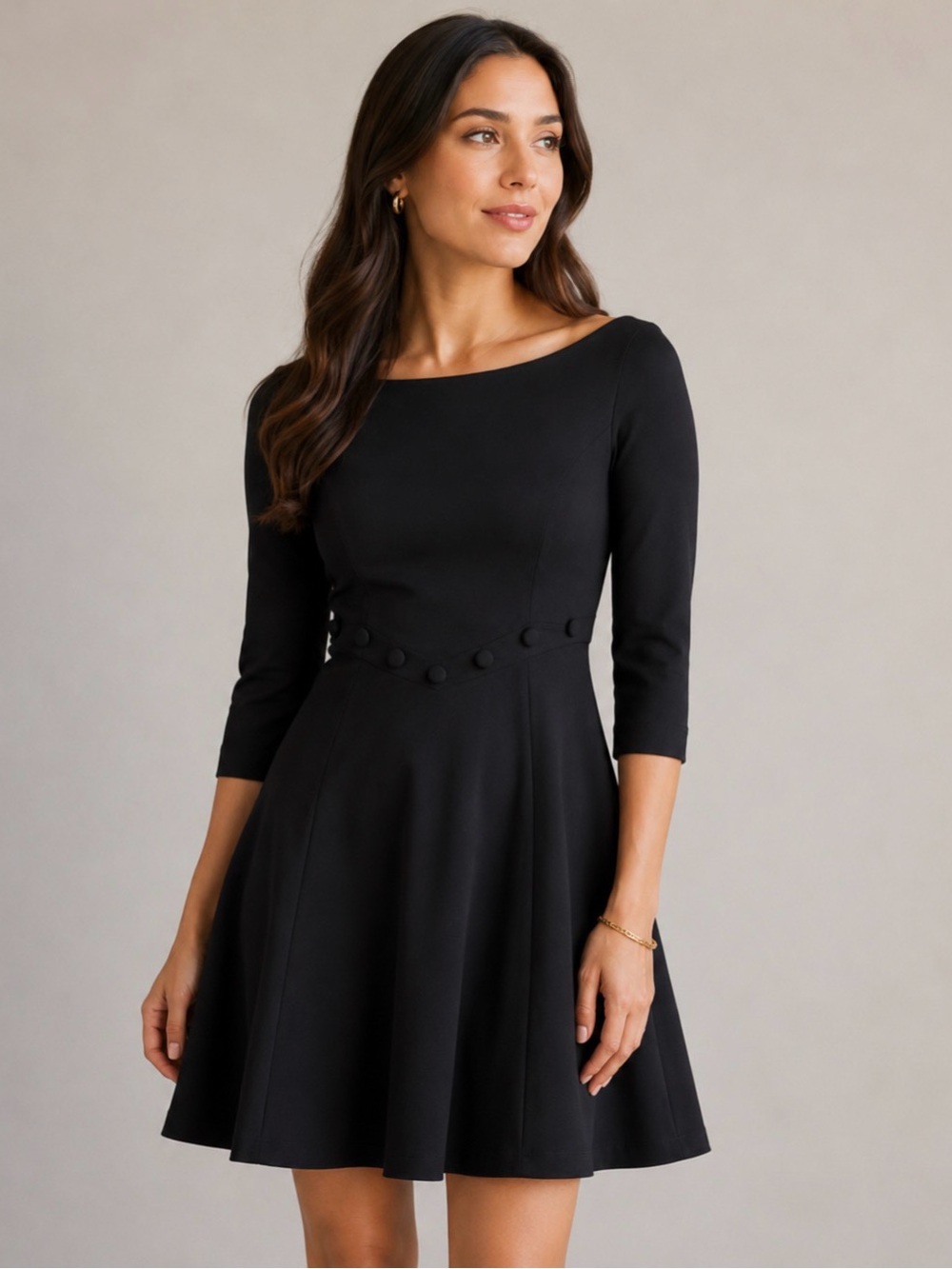Rachel Zoe 3/4 Length Sleeve Black Wool Fit & Flare Dress Button Detail | 2​​